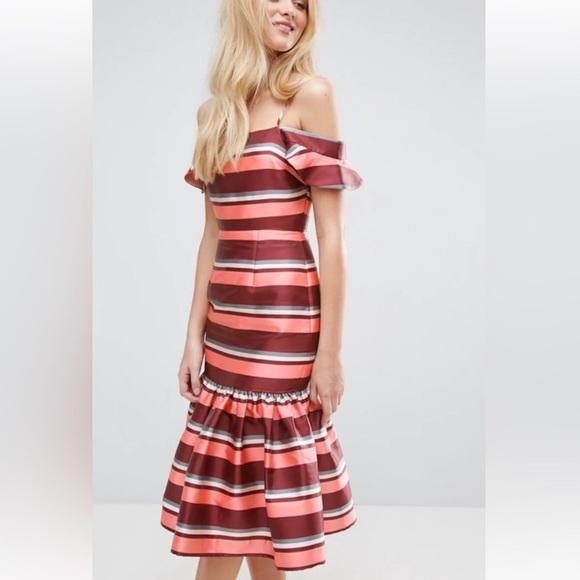 ASOS Pink, Dark Mauve, White & Grey Striped Ruffle Dress - Picture 3 of 12